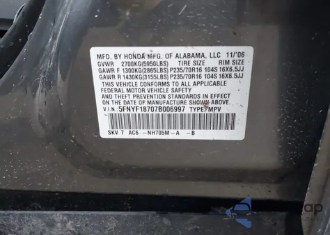 2007 Honda Pilot Ex-L z USA, uszkodzony, nr VIN 5FNYF18707B006997